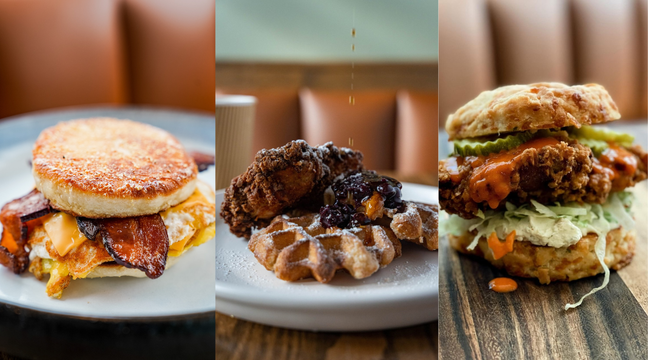 Beacon Daily breakfasts (egg bacon on english muffin, chicken and waffles, and a fried chicken sandwich)